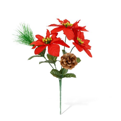 58857 • Dekorácia poinsettia – s 3 kvetmi a šiškou – tmavočervená – 34 cm