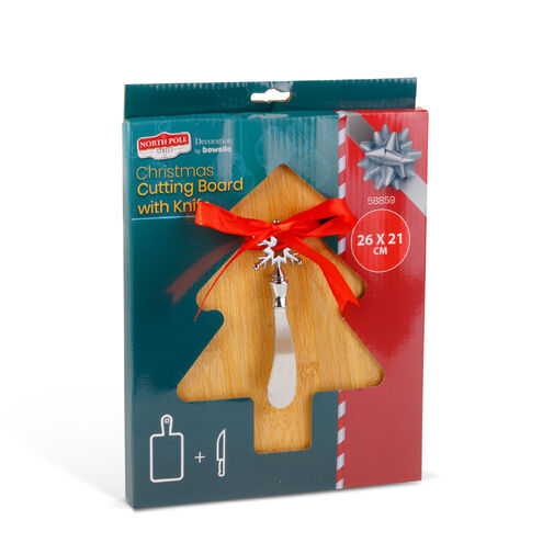 58859 • Vianočná doska na krájanie z bambusu s nožom – vianočný stromček – 26 x 21 cm