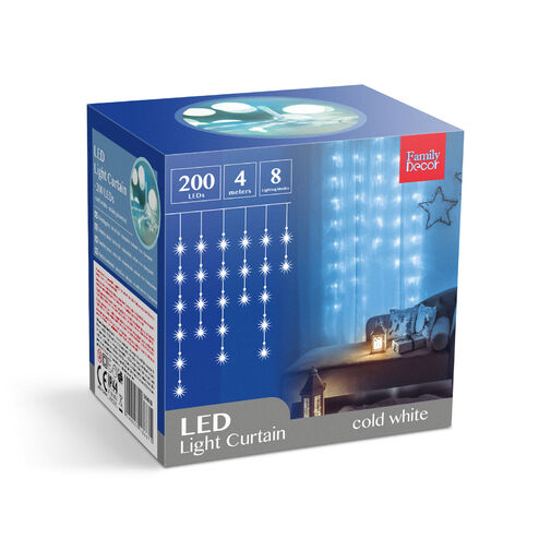 58901B • Sveteľný záves - 200 ks LED - studená biela - sieťové - IP44 - 4,2 m - 8 programov