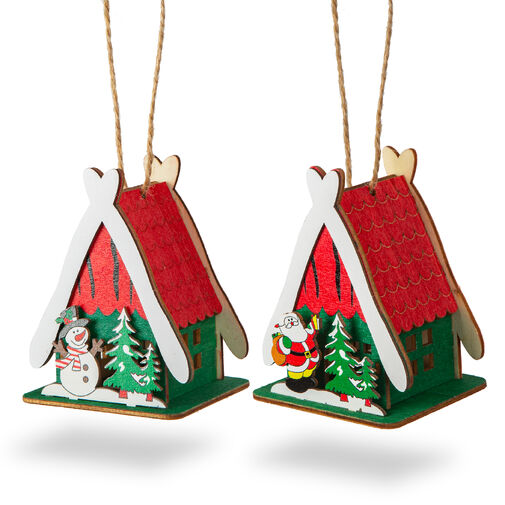 58940B • Vianočný LED dekoračný domček - teplá biela - drevo - 2 druhy - 6,9 x 8,9 x 6 cm - 12 ks / displej