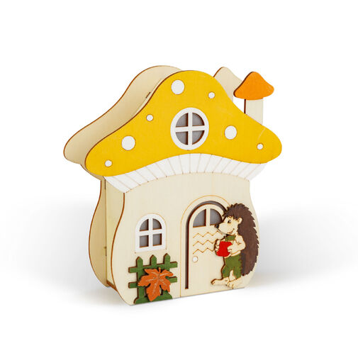 59012A • Svetelná dekorácia - hubová chalúpka s ježkom - 15 x 16 x 5 cm - z dreva