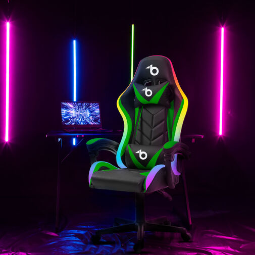 BMD1115GR • RGB LED gamer stolička s vankúšom, opierkou  - čierna / zelená