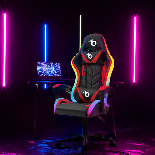 BMD1115RD • RGB LED gamer stolička s vankúšom, opierkou - čierna / červená