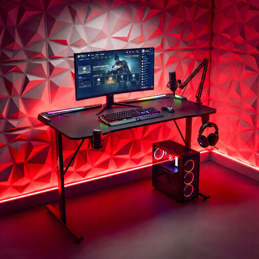 BMD1128BK • Herný stôl - 120 x 60 x 75 cm - RGB LED, USB, držiak na pohár, držiak na slúchadlá, karbónový-čierny