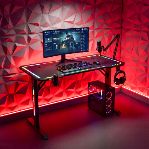 BMD1129BK • SK: Herný stôl - 120 x 60 x 75 cm - RGB LED, USB, držiak na nápoj, držiak na slúchadlá, 5 mm sklo