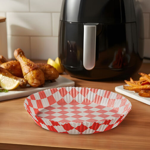 BW1032A • Papier na pečenie do Air fryer - pre varenie bez oleja - károvaný, kruh - 20 cm - 50 ks / balenie