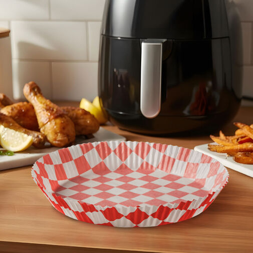 BW1032B • Papier na pečenie do Air fryer - pre varenie bez oleja - károvaný, kruh - 23 cm - 50 ks / balenie