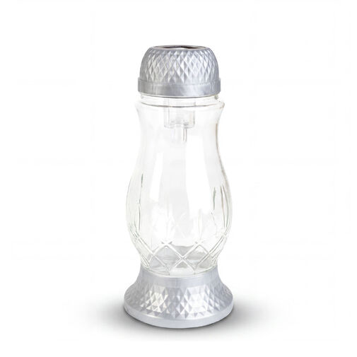 TW1022 • Solárny sklenený lampáš s plastovým uzáverom - 25 x 10 cm - strieborný - teplá biela LED