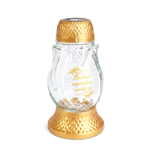 TW1023 • Solárny sklenený lampáš s plastovým uzáverom - 21 x 10 cm - zlatý - teplá biela LED - s nápisom