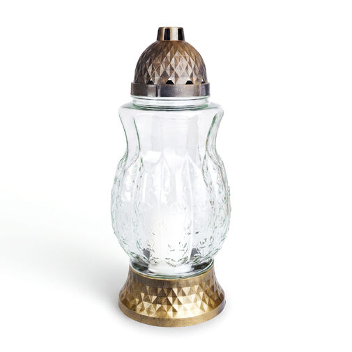 TW1030 • Sklenený kahanec s bronzovým plastovým viečkom a podstavcom – 37 x 16 cm