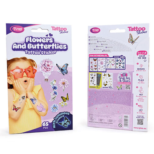 TY50274 • Motýle a kvety - sada tetovacích nálepok- 65 k ks / balenie