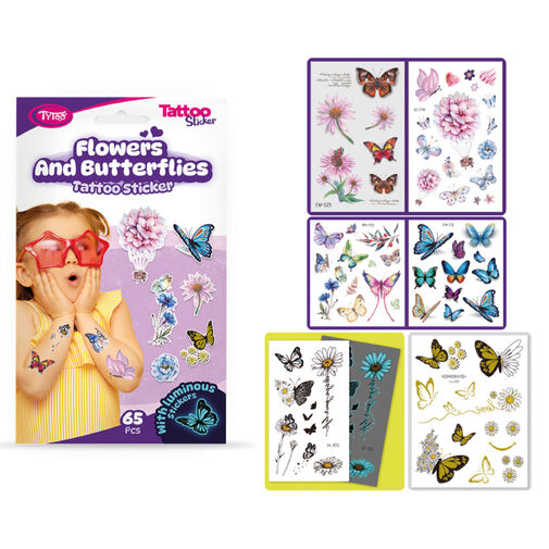 TY50274 • Motýle a kvety - sada tetovacích nálepok- 65 k ks / balenie